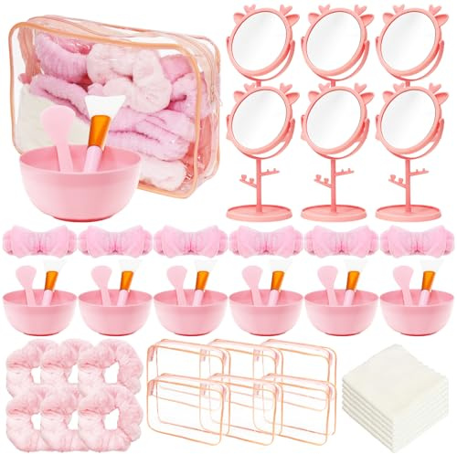 Lot de 6 Kits Spa Rose, 48 Accessoires Beauté pour Soirée Pyjama Fille | 6 Trousses, 6 Bols, 6 Pinceaux, 6 Spatules, 6 Miroirs, 6 Bandeaux, 6 Chouchous et 6 Serviettes pour Anniversaires et Cadeaux
