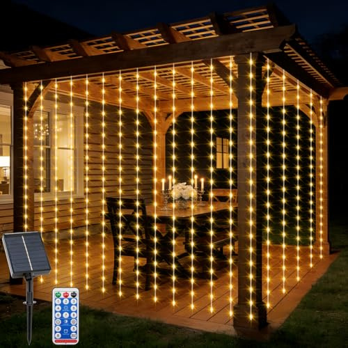 CCILAND 2 m x 2 m de cortina de luces solares para exterior, 200 LED 8 modos de iluminación de cortina, impermeable, luces de cadena de cortina de jardín para terraza, casita de jardín, decoración