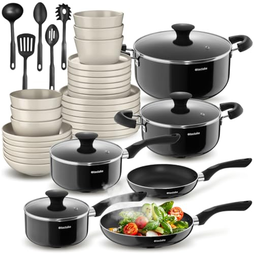 tectake®, Set cucina completo, 39 pezzi, set servizio piatti 6 persone, moderni per microonde, 6 ciotole, 18 piatti eleganti, 2 pentole, casseruole, padelle antiaderenti, coperchi - Nero/Tortora