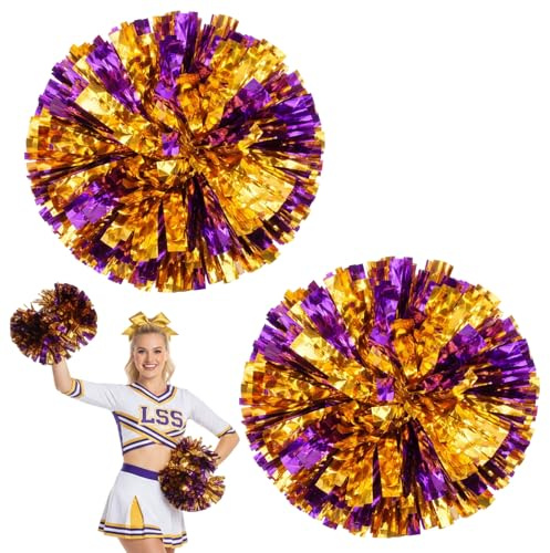 2 PCS Pom Poms Cheerleading, Cheerleader pom poms with Finger Ring Design, Purple and Silver Mixture Cheerleading Pom Poms for Sports Events and Dance Performances (B0GR9HXJ79)