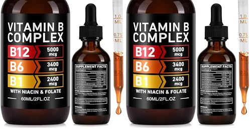 Vitamin B Complex Liquid Drops, 60ml High Strength B-Vitamin Complex Drops Vitamin B3 B6 B12 B1& Folate, Supports Immune System and Energy Levels, Brain Heart Function (60ML) (Pack of 2)