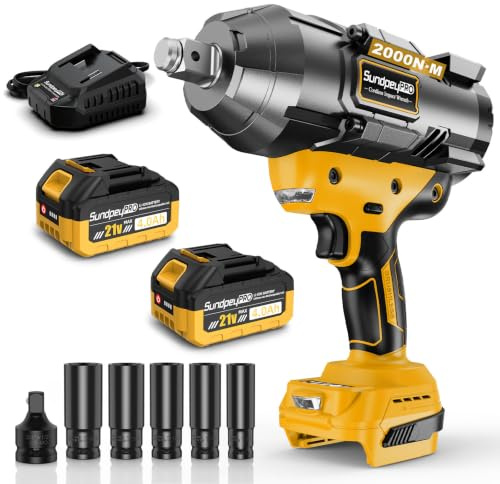 Avvitatore a Impulsi a Batteria 21V, Avvitatore ad Impulsi Brushless 3/4 Coppia con 2 Batterie 4.0Ah, Caricabatterie Rapido, Adattatore 3/4 a 1/2, 5 Bussole a Impatto (17/19/21/22/24mm), Giallo