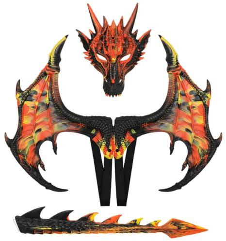 TAIZhiChen Disfraz de Dragón para Niños Conjunto de Máscara Cola Accesorio Infantil con Textura Escamada Puntas Marcadas Espinas, Naranja Rojo, RP Color Fuego
