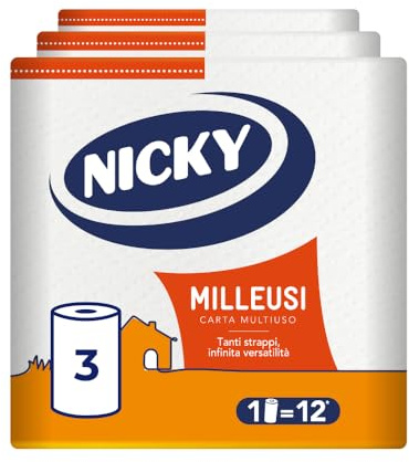 Nicky Milleusi Carta Assorbente Multiuso - Confezione da 3 Maxi Rotoli a 2 veli | 550 strappi per rotolo | Grande Assorbenza e Resistenza per pulizie in ogni ambiente | Prodotto 100% italiano