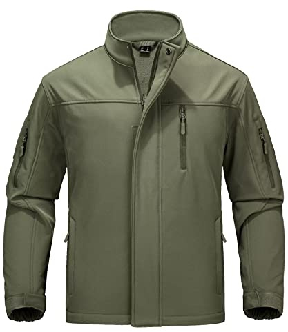 MAGCOMSEN Mens Softshell Jacket, Stand Collar Zip Up Windproof Coats Fleece Jacket for Hiking Outdoor Army Green XL