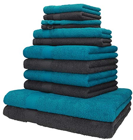 Betz 12-TLG. Handtuch-Set Palermo 100% Baumwolle 2 Liegetücher 4 Handtücher 2 Gästetücher 2 Seiftücher 2 Waschhandschuhe Farbe Petrol und anthrazit