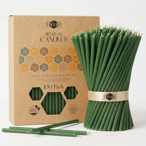 Danilovo 100 Dünne Bienenwachskerzen – Orthodoxe Kirchenkerzen aus Echtem Bienenwachs mit Baumwolldocht, Ritualkerzen für Meditation, Gebet & Hausaltar, Natürlicher Honigduft (16 cm, Grün)