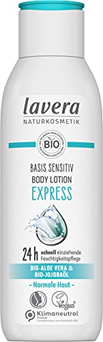 lavera Basis Sensitive Bodylotion Express – 24 h schnell einziehende Feuchtigkeitspflege mit Bio-Aloe Vera & Bio-Jojobaöl, zieht extra schnell ein – vegan & dermatologisch geprüft – 250 ml