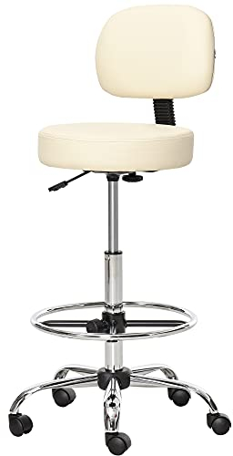 HOMCOM Barhocker, Gepolstert Barstuhl mit Metallgestell, Lehne, aus Kunstleder, Höhenverstellbar Küchenstühle mit Fußstütze 360° Drehbar Tresenhocker für Küche, Wohnzimmer, Esszimmer Beige