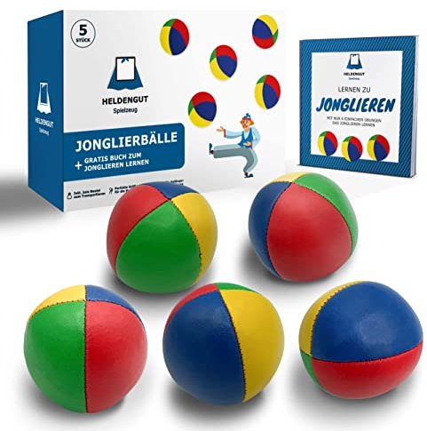 HELDENGUT [5X] geliebte Jonglierbälle für Kinder, Erwachsene, Anfänger & Profis - Perfekt ausbalancierter Jonglierball zum optimalen Jonglieren - Juggling Balls inkl. Jonglierbuch