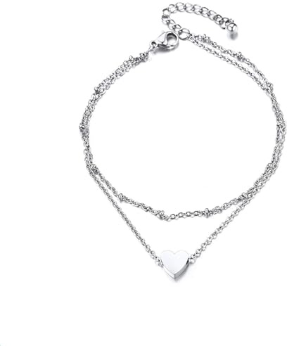 Chaioe Boho Double Anklet Silver Heart Ankle Bracelets Beaded Foot Chains for Women and Girls (Silver)