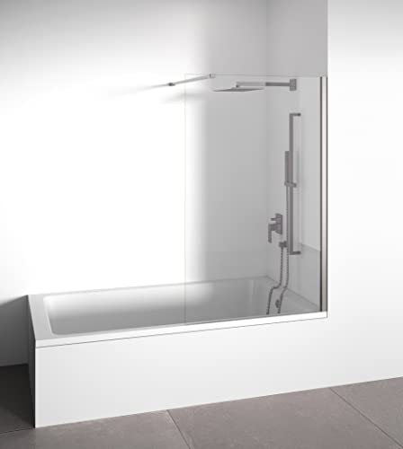 Paroi de baignoire frontale avec panneau fixe - Transparente - Verre trempé 6 mm Anticalcaire inclus - Profilés Argent Brillant - Largeur 80 cm - Hauteur 145 cm