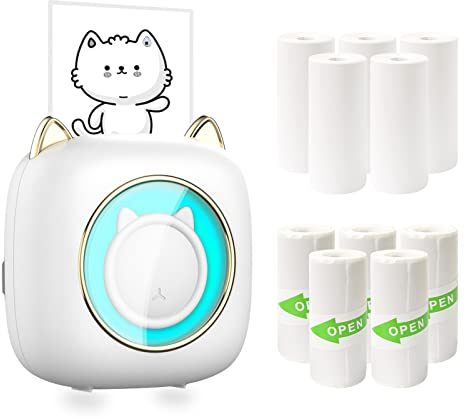 Umelee Mini Drucker mit 10 Rollen Druckpapier, Tragbarer Mobiler Drucker für iOS Android, Thermodrucker Bluetooth Sticker Drucker, Fotodrucker für Reise Liste Studiennotizen Etikett, Druckbreite≤55mm