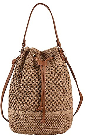 DKIIL NOIYB Borsa a Secchiello in Paglia da Spiaggia con Coulisse, Tote Leggera Intrecciata con Cinturino Regolabile in Pelle PU per Donne