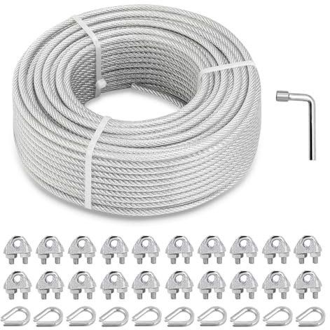 hannger 5 mm Wire Rope Kit, 60 m PVC-Coated Galvanized Steel Cable & Clips | 7×7 Strand Core Cable Wire and Rope Clamps Thimbles for String Light Hanging Kit/Deck Stair Railings/Shade Sails/Clothes Line