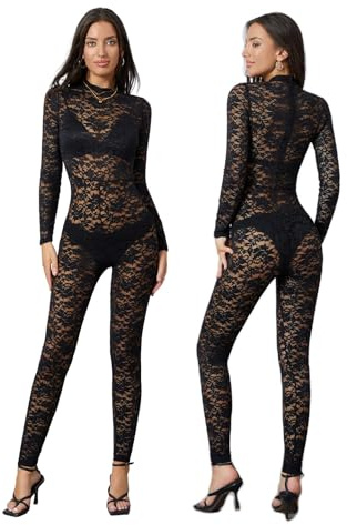 MAHUAOYIXI Tuta Donna Elegante Jumpsuit Manica Lunga Trasparente Ricamo Floreale Hollow Tuta Lunga in Pizzo Aderente Playsuit Sexy Lunghi Bodycon Rompers Bodysuit Tutina Skinny Pantaloni (Nero A, S)