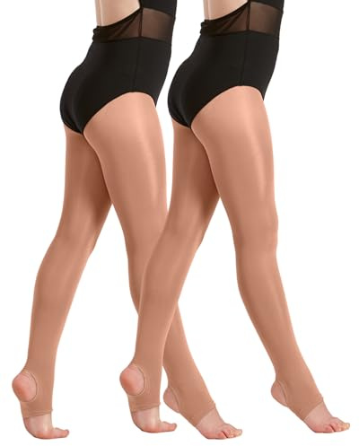 Lot de 2 paires de collants de danse à étrier scintillants 60 deniers, multipack prêt pour la scène, pour filles, enfants, adultes et femmes, coloris Toast et Toast clair, M