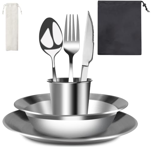 Tyafzzn Campingbesteck, 8-Teiliges Camping Picknick Besteck, Edelstahl Geschirr Set, Outdoor Reisebesteck Set mit Messer, Gabel, Löffel für Reisen, Wandern, Picknick