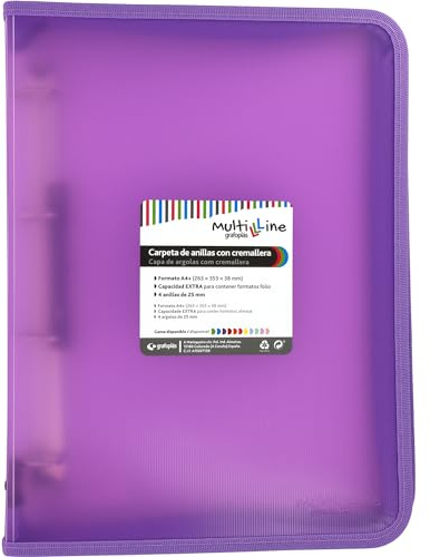 Grafoplás | Ring Binder with Zip A4+ | Lavender | Multiline | 4 Mixed Rings 25 mm | Vertical Ruled Polypropylene Cover | Extra Capacity for Sheets of Paper Format Folio