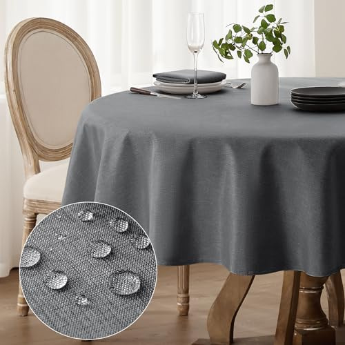 Softalker Bordsduk, rund, 240 cm, grå, tvättbar, för utomhus, vattenavvisande, med linneutseende, trädgårdsduk, för camping, bröllop och födelsedag