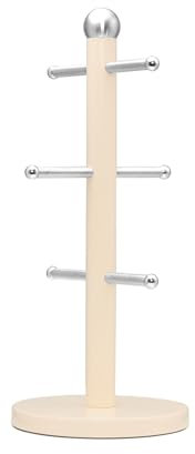 Innoteck Essentials Mug Tree - Stainless Steel Cream Colour Coated Cup Stand - with Six Hooks - Display Stand for Kitchen - Mug Hanging Rack with Anti-Slip and Weighted Base - Storage Unit