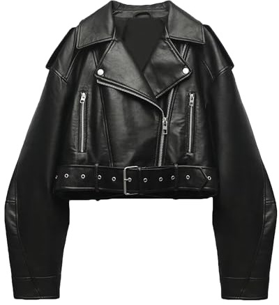 DGKaxiyaHM Manteau d'automne vintage en simili cuir pour femme avec fermeture éclair et ceinture, Noir , S