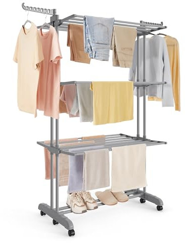 SONGMICS Wäscheständer, Standtrockner 4 Ebenen, Flügelwäscheständer, klappbare Flügel, mit Rollen, 63,5 x 125,5 x 173 cm, groß, einfacher Aufbau, Taubengrau LLR703G01