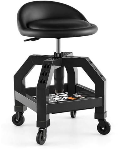 GOPLUS Tabouret d'Atelier à 4 roulettes, Tabouret Servant avec Hauteur Réglable 67-80cm & Plateau à Outils, Charge 150KG, Siège Pivotant pour Garage, Atelier (Noir)