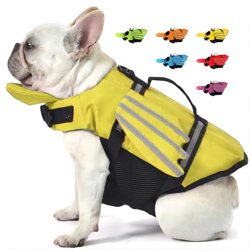 Giubbotti di Salvataggio Per Cani con Ali Giubbotto Salvagente Per Animali Domestici con Mento Galleggiante Salvagente Gilet con Manico e Riflettente per Nuoto e Barca Giallo S