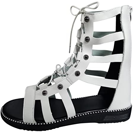 Momolaa Clearance UK 3.5 Gladiator Sandals for Women Lace Up Sandals Summer Beach Strappy Criss Cross Open Toe Knee High Flat Sandal White