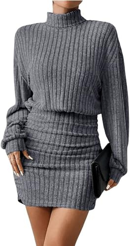 TrendiMax Women's Long Sleeve Jumper Dress Mock Turtel Neck Ribbed Knit Bodycon Mini Short Sweater Dress Gray