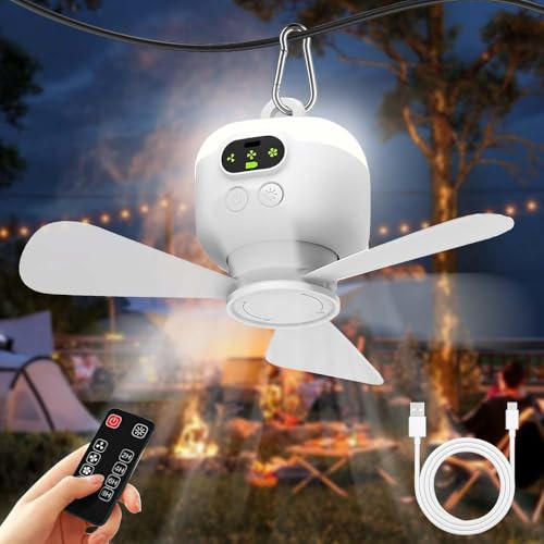 RIRIDAMAI Deckenventilator mit Beleuchtung Camping, Aufladbar Deckenventilator mit Licht und Fernbedienung, USB, Timer, Mobiler Ventilator Akku für Outdoor Außenbereich, Pavillon Terrasse