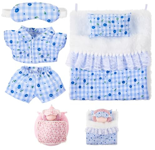 Simgoing 6 Pcs 17cm Doll Pajamas and Bedding Set Cute Pajamas Outfit with Eye Mask Bed Kit with Pillow Mattress Blanket for 17cm Doll Sleeping Set Dollhouse Accessories(Blue Floral Plaid)