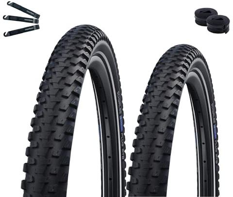 2 x Schwalbe Marathon Plus MTB Fahrradreifen Performance Smart DualGuard E-50 ADDIX Schwarz/Reflex 65-622 (29 x 2.60) + 2 x Schwalbe Schläuche SV19F inkl. maxxi4you Reifenheber