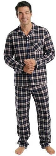 INSIGNIA Men’s Flannel Pyjama Set, 100% Cotton Traditional Button-Front Nightwear with Elasticated Waist Trousers (UK, Alpha, L, Regular, Regular, Blue & Beige Check)