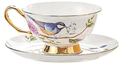 fanquare Elegante Set di Tazza e Piattino in Porcellana 200ml,Tazzina da Caffè Vintage con Uccelli e Fiori Servizio da Tè con Bordo Dorato per Colazione Pomeridiano Casa Ufficio e Regalo