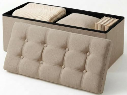 edihome, Puff Almacenaje Plegable, (38 x 110 x 38 cm), Baul, Otomana con Tapa – Banco de Tela Organizador y Asiento para Dormitorio y Pie de Cama (Beige Tostado, 38 x 110 x 38 cm)