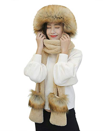 Femmes Chapka ensemble Tour cou et Moufle Bonnet Capuche 3 en 1 Écharpe Châle à Chapeau Echarpe Chale Earflap Gants Velours Chaud Femmes