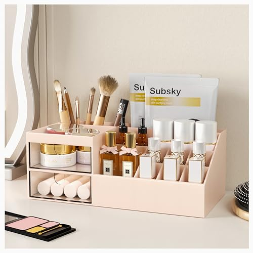Subsky Porta Trucchi con Cassetti, Organizer per Trucco Multifunzione, Organizzatore Cosmetici da Tavolo, Scatola per Trucco con Grande Capacità per Crema, Profumo e Pennelli (Rosa)