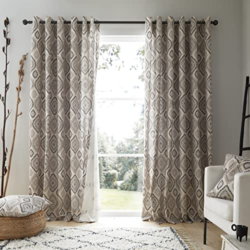 Pineapple Elephant Ziri Geo Cotton 46x54 Inch Lined Eyelet Curtains Two Panels Natural