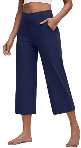 G4Free Wide Leg Capri Yoga Pants for Women UK Tummy Control High Waist Stretchy Cropped Trousers with Pockets Workout 22（Navy-D016）