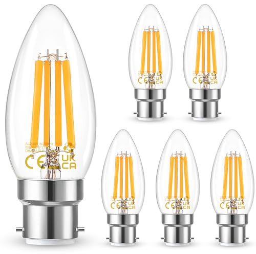 Century Light B22 Bayonet Cap Candle Filament Light Bulbs, Led 6.5W Equivalent 60 Watt, Dimmable Retro Warm White 2700K, Vintage Edison Energy Saving Lightbulbs for Chandeliers, 800LM, Pack of 6