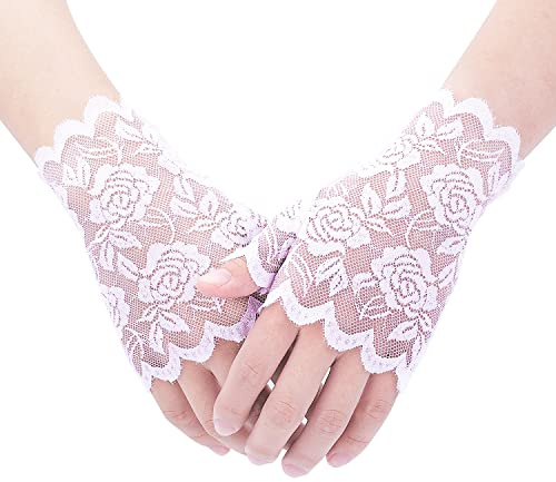 KINBOM Spetshandskar Fingerless, Blommönster Brudhandskar för Bröllop Korta Spetshandskar Kvinnor för Tea Party Bal Maskerad, Ett Par (Vit)