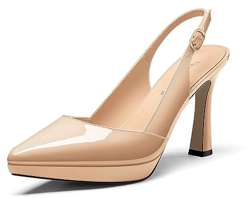 NobleOnly Donna Spillo Alto High Tacco Heel a Punta Slingback Piattaforma Pumps Slip-on Fibbia Casual Dress Scarpe 10 CM Heels Beige 37 EU