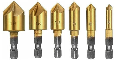 Teocpai 6 Pcs Forets Fraise à Chanfrein 1/4'' Tige Hexagonale 90° HSS Foret à Tête Fraisée Jeu de Forets à Chanfreiner pour Bois 6 mm – 19 mm