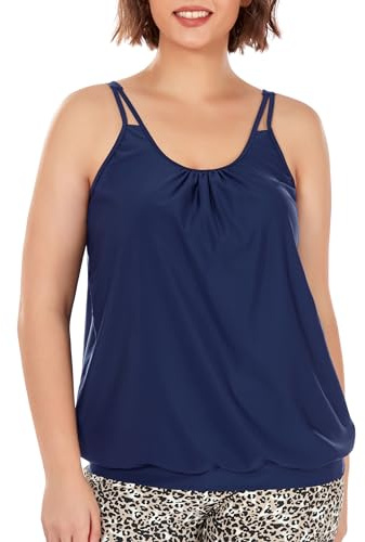 Ocean Blues Women's Navy Blue Plus Size Tankini Top Only Blouson Tummy Control Tankini Bathing Suit Top Size XXX-Large