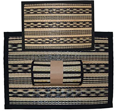 Housewarming Gift Home Decor Handmade Reed & Fabric Square 6PCS TABLE MATS Set & 2 Size CARPET, Woven Placement Rush Eco-friendly Dining Table Mats Pack (Medium Carpet)