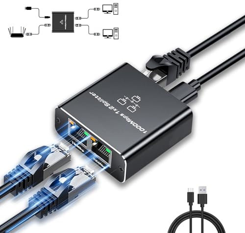 Ethernet Splitter 1 zu 2, 2 Port 1000Mbps RJ45 LAN Internet Splitter Gigabit Ethernet Switch Netzwerk-Splitter mit Typ-C Stromkabel für Computer, Hub, Switch, Router, ADSL, Set-Top-Box, Digital-TV