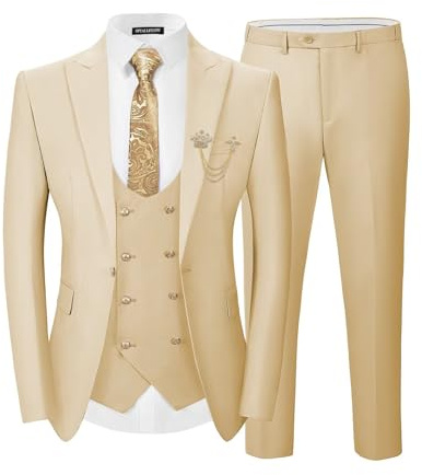 SPTALLFITJSV Men's 3 Piece Suits Slim Fit, Blazer Double Breasted Vest and Pants, Wedding Prom Business Suit with Gold Button, Champagne, L