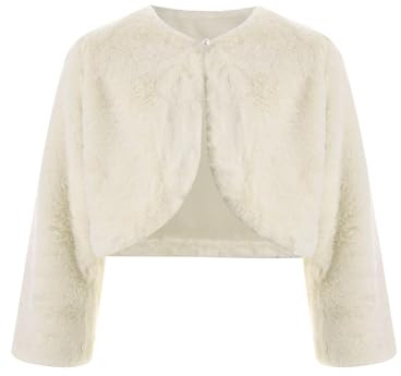 Fldy Veste boléro en fausse fourrure pour fille - Veste chaude festive pour demoiselle d'honneur - Pour mariage, fête, robe de soirée, beige, 140-152